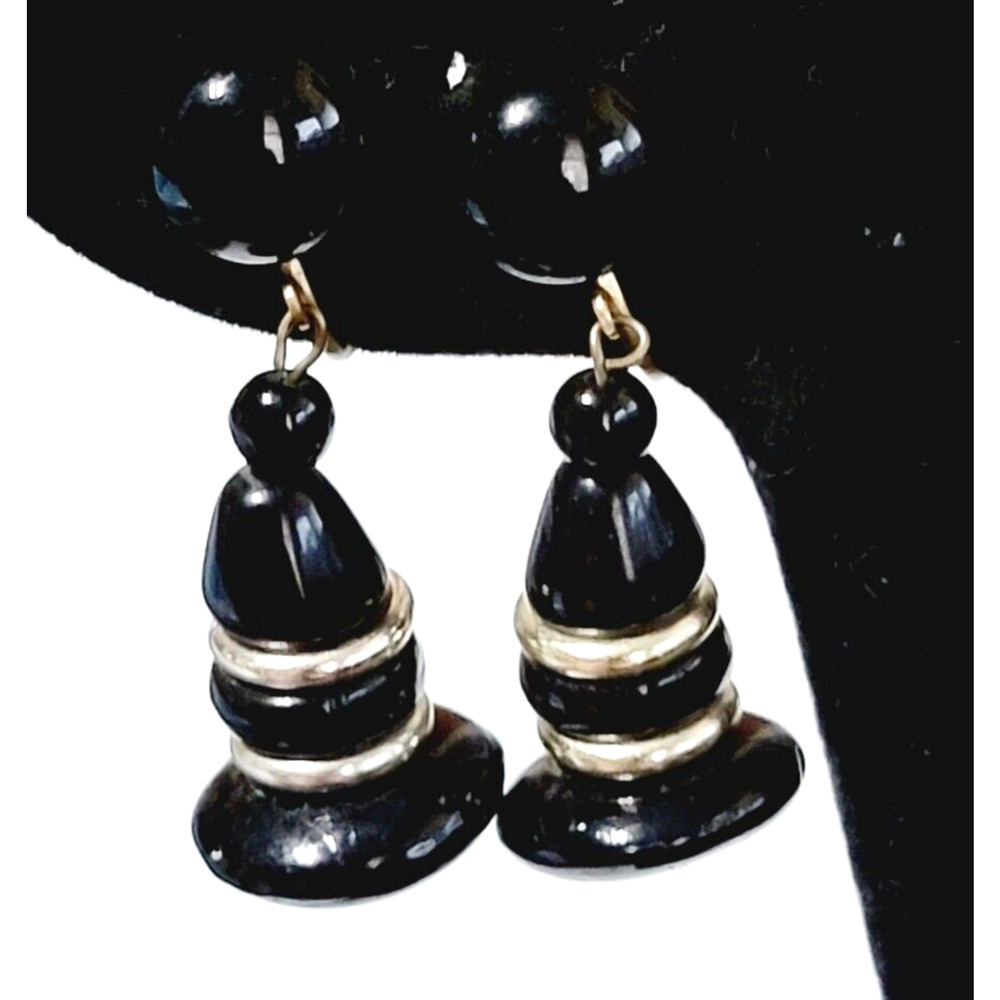 Vintage Black & Silver Mid-century Long Dangle Screw Back Earrings Lucite sb-32 - Picture 5 of 7